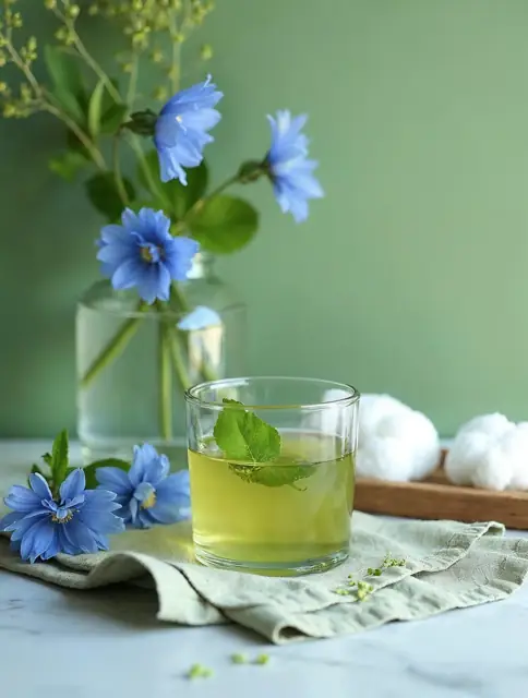 Verre de tisane avec une feuille de menthe, près d'un vase de bleuets