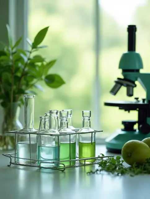 Flacons de verre et microscope près d'une fenêtre, entre des plantes vertes