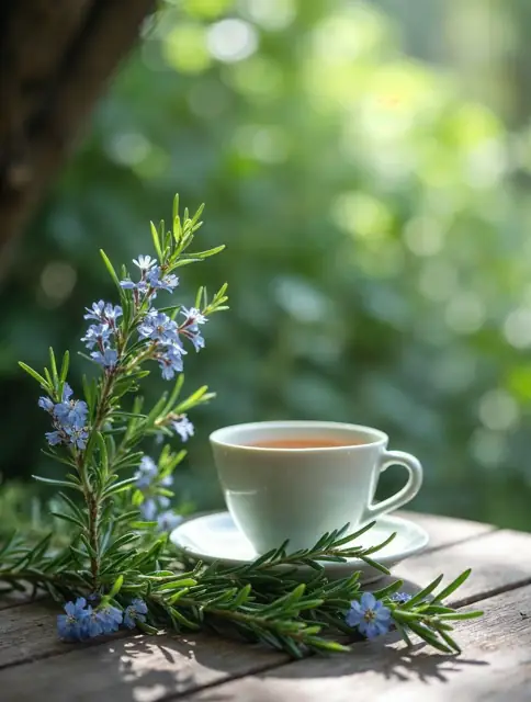 Tasse de tisane posée près d'un brin de romarin en fleur