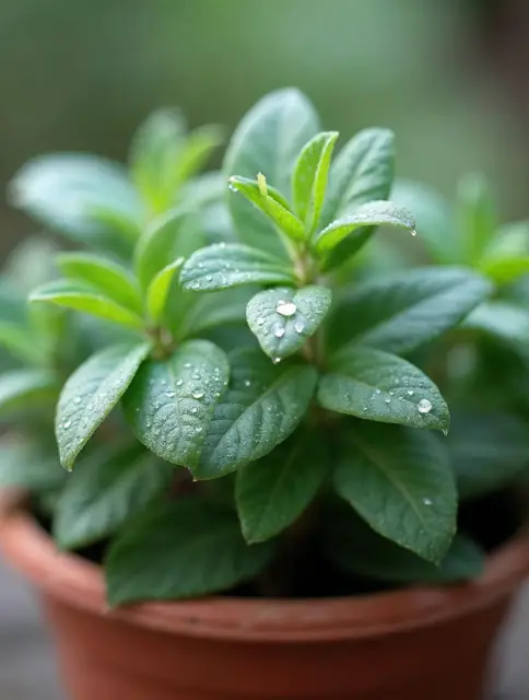 Jeunes feuilles vertes d'une plante en pot, couvertes de gouttes de rosée