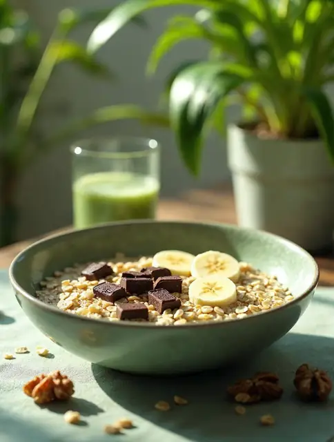 Bol de flocons d'avoine, banane et chocolat près d'un verre de jus vert