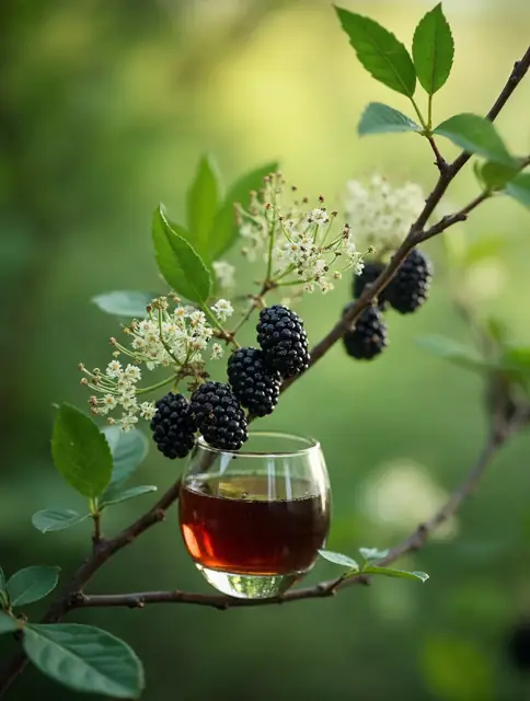 Verre de liquide ambré sous une branche de sureau en fleurs et en baies