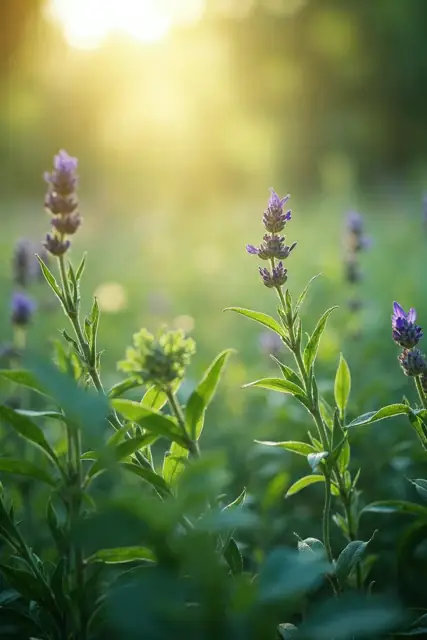Lavande et plantes médicinales dans un jardin, au soleil du matin