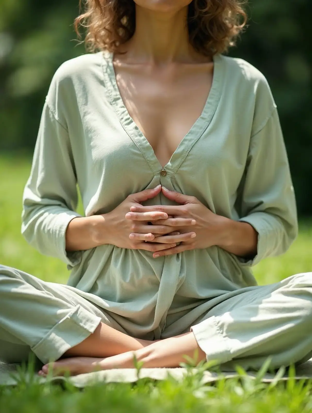 Une personne respire calmement, assise dans l'herbe