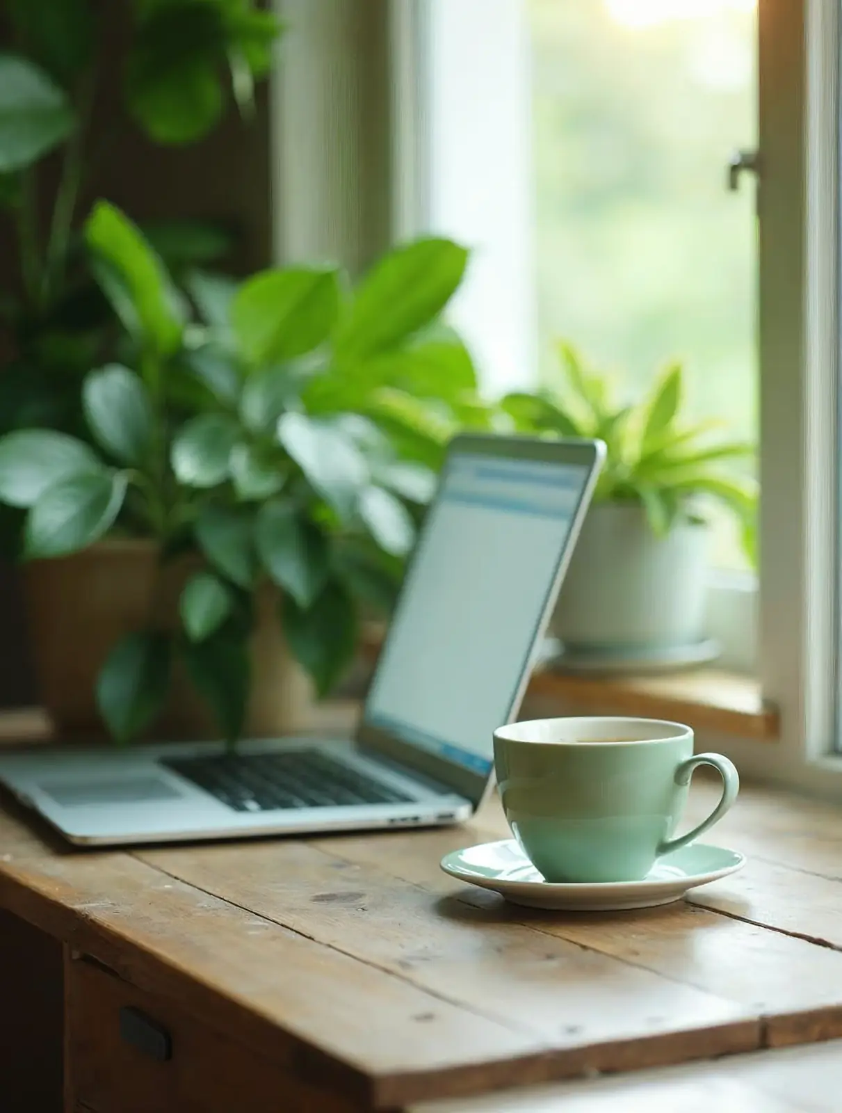 Ordinateur portable, tisane et plante près d'une fenêtre